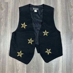 Vintage Solini New York Black‎ Vest Gold Star Embroidery Gem Detail Western
